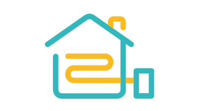 Ein Icon mit einem Haus. Durch das Haus verläuft eine geschwungene Linie, die zu einem Rechteck außerhalb des Hauses führt. Das Icon steht für eine Wärmepumpe. 